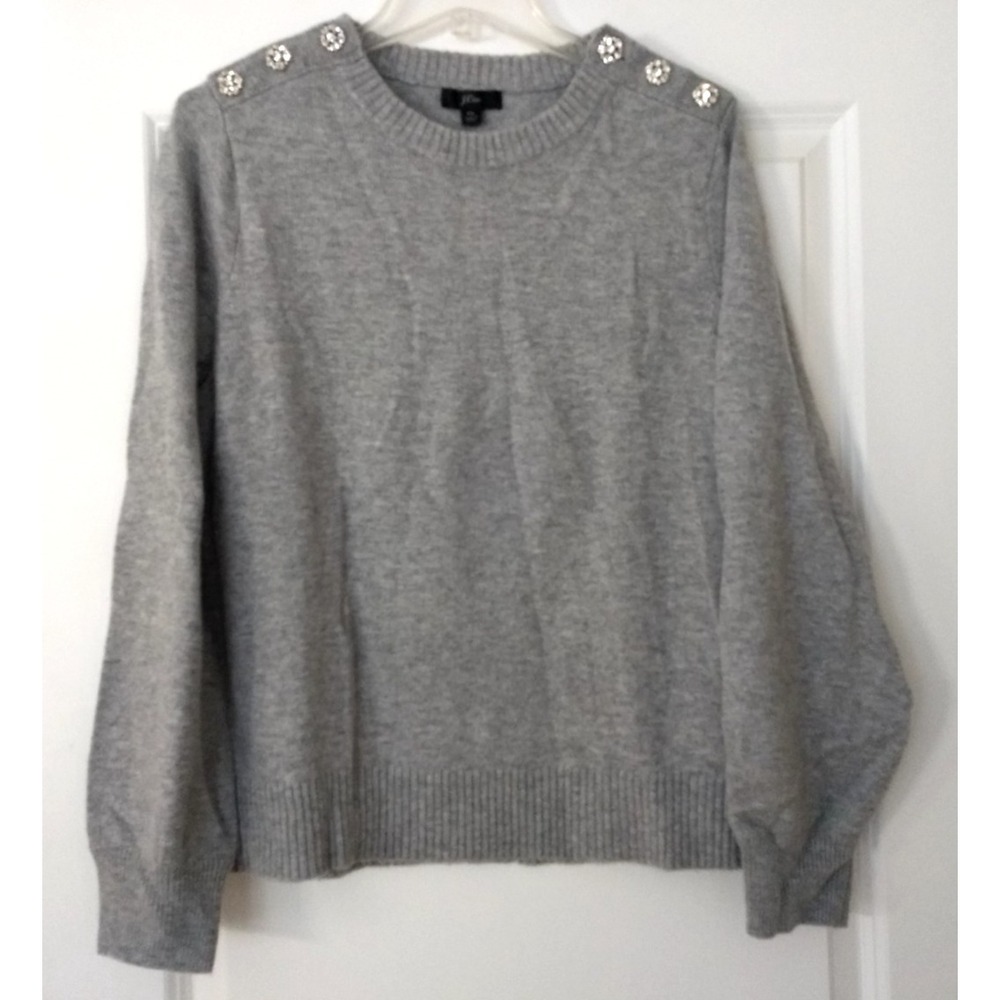 J Crew Lambswool Blend Sweater Womens XL Jeweled Shoulder‎ Buttons Gray NEW